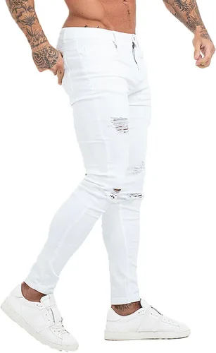 Vista 2 de Gingtto jeans entallados elásticos para hombre, de corte ajustado, rasgados, gastados