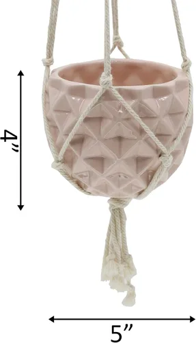 Vista 3 de Flora Bunda Maceta colgante para suculentas de 5 pulgadas de cerámica macramé rosa brillante