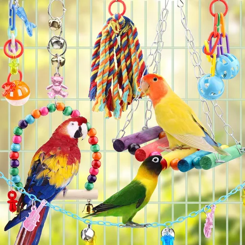 Vista 4 de QUOZUO 9 piezas de juguetes para pájaros de cacatúa, accesorios de jaula de loros, cuerda de columpio, juguete de masticación de perca de madera