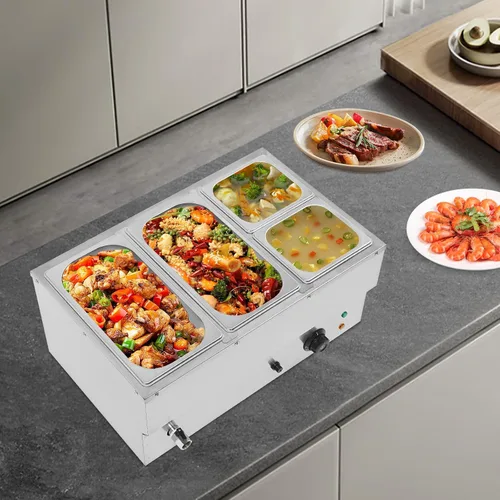 Vista 4 de Calentador de sopa de alimentos de 110 V, 4 sartenes, mesa de acero inoxidable de grado alimenticio, encimera comercial, cafetería de buffet