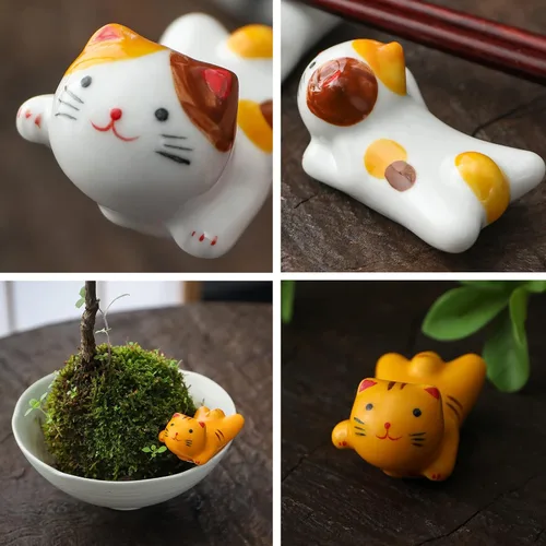 Vista 7 de Juego de 5 palillos para gatos, soportes para pinceles de pintura china, porcelana de estilo japonés, soporte para palillos de cerámica para cena