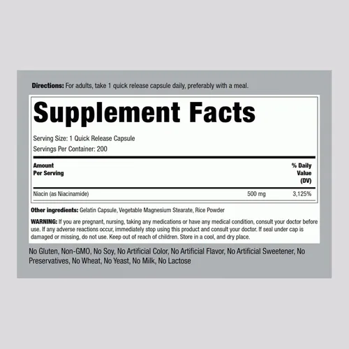 Vista 2 de Piping Rock Niacinamida 500mg 200 Cápsulas Vitamina B3