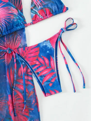 Vista 5 de WDIRARA Conjunto de 3 piezas para mujer, traje de baño de bikini con estampado halter y kimono largo