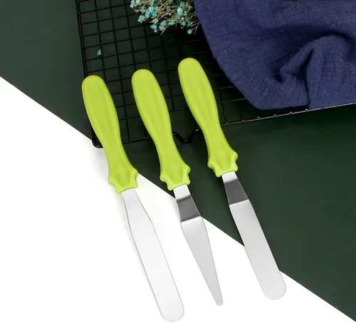 Vista 4 de 3 espátulas de acero inoxidable para hornear, cocinar y mezclar, espátula reutilizable para crema de pastel con mango de plástico, espátula