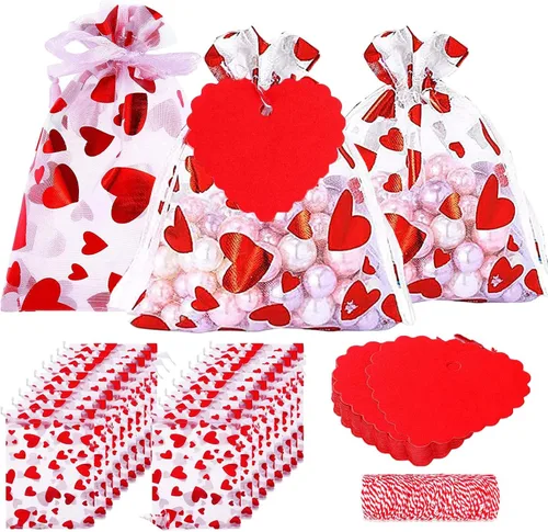 Vista 8 de eyigylyo Bolsa de arpillera de corazón para el día de San Valentín con cordón, 12 bolsas de dulces de San Valentín, bolsas de joyería para el día