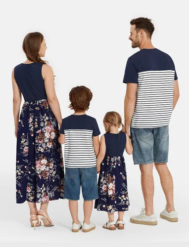 Vista 2 de PATPAT Conjuntos familiares a juego para mamá y yo, vestidos tropicales bohemios florales sin mangas, vestidos largos y camisetas a juego, Azul