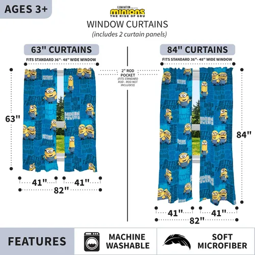 Vista 4 de Franco - Juego de cortinas para la habitación de los niños, 82 x 63 pulgadas, Minions de Mi Villano Favorito
