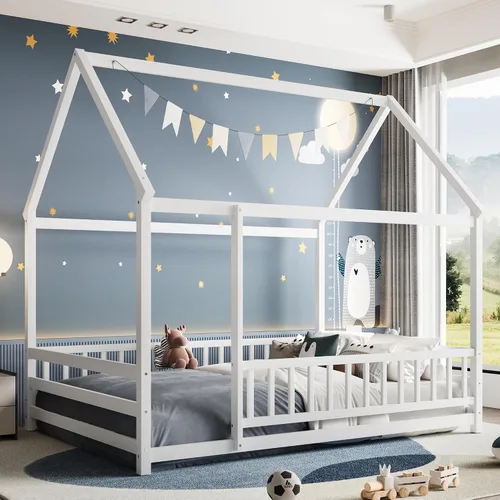 Vista 16 de Harper & Bright Designs Marco de cama de piso de casa de tamaño individual con barandillas de techo y valla, cama Montessori de madera maciza, fácil