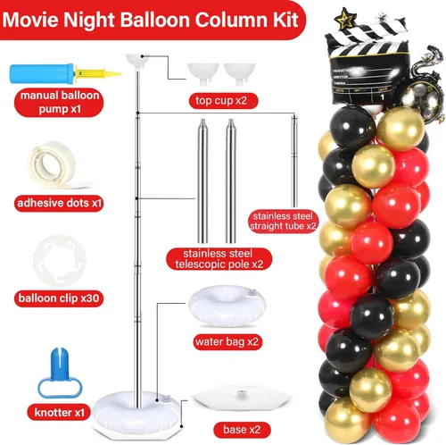 Vista 2 de Juego de 2 soportes de columna de globos nocturnos de película con 102 globos de aluminio de palomitas de maíz, soporte de torre ajustable de 5.57