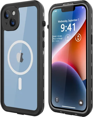 Vista 9 de Funda impermeable para iPhone 14, a prueba de golpes, a prueba de polvo, protector de pantalla integrado, anillo magnético negro