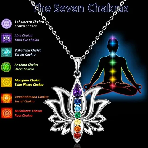 Vista 3 de Jewlikee Collar de 7 chakras colgante de loto plata de ley para yoga chakras piedra curativa collares para mujer equilibrio energético Plata