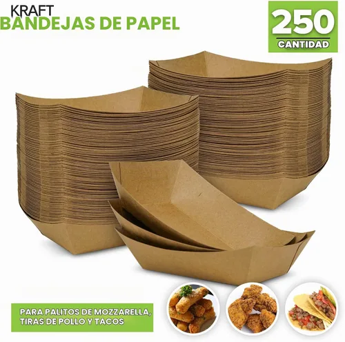 Vista 2 de Paquete de 250 bandejas desechables medianas de papel kraft marrón para alimentos, bandeja de concesión de 1 libra, botes para servir aperitivos