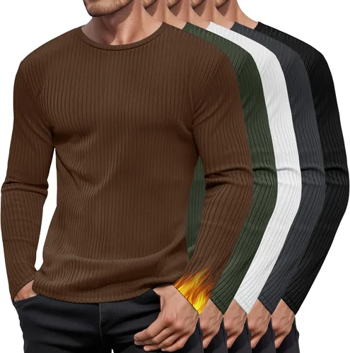 Vista 13 de Paquete de 5 camisas térmicas de algodón para hombre, manga larga, acanaladas, cuello redondo, ajustadas, suéter casual