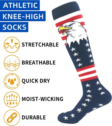 Vista 5 de Calcetines atléticos hasta la rodilla con la bandera estadounidense para béisbol, fútbol, sóftbol y fútbol