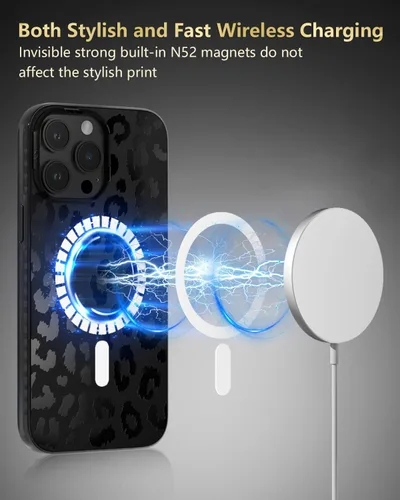 Vista 4 de SCORPIFY Funda para iPhone 15 Pro Max [Compatible con MagSafe] con Diseño de Estampado de Leopardo Guepardo Negro Mate, Linda Funda Magnética