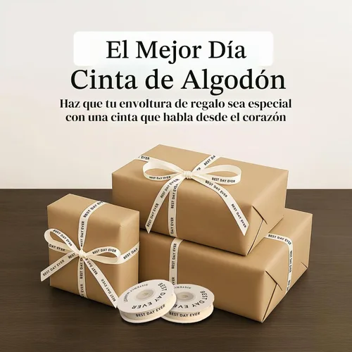 Vista 2 de Cinta de algodón en espiga personalizada, cinta de regalo natural de 5/8 pulgadas con frase impresa Best Day, 10 yardas El mejor día de la historia