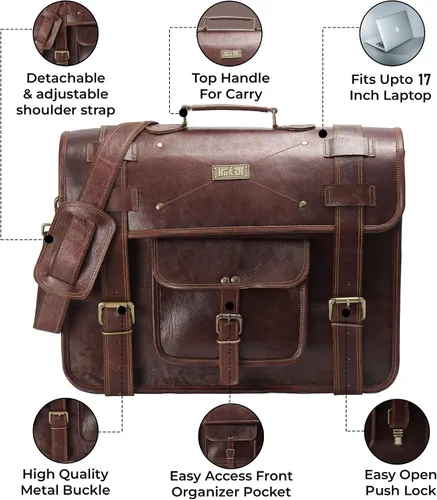 Vista 3 de Bolso de mensajero de cuero de grano completo para hombres Bolsa de cuero para computadora portátil para hombres, maletín de cuero genuino bolsa