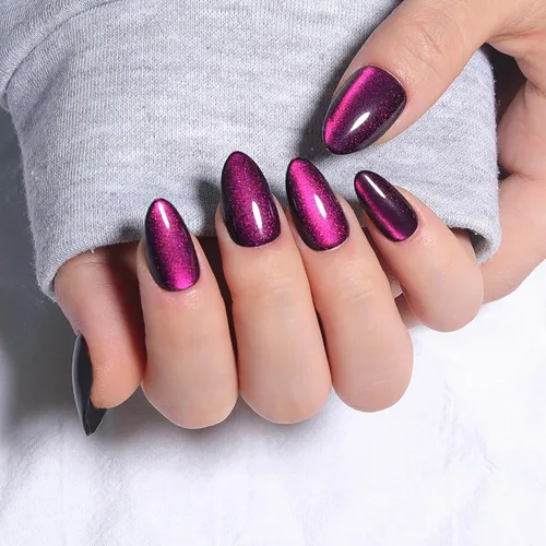 Vista 30 de Uñas postizas rojas de tamaño mediano en forma de almendra, uñas acrílicas brillantes con diseño de purpurina, uñas artificiales de cobertura a001