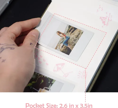 Vista 4 de Mini álbum de fotos de tapa dura de cuero vegano de 3 pulgadas con espacio para escribir, 52 bolsillos, compatible con Fujifilm Instax Mini 11, 9