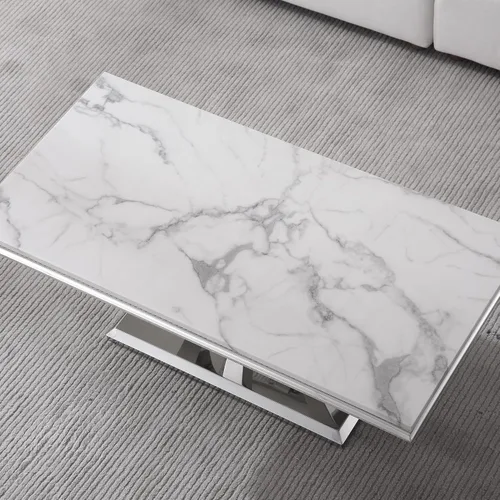 Vista 7 de Mesa auxiliar rectangular moderna de mármol blanco con parte superior de mármol de 0.71 pulgadas de grosor, base de acero inoxidable en forma de U