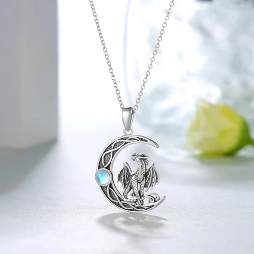 Vista 2 de CVRAVO DragonFairy Necklace 925 Sterling Silver Moonstone Crescent Moon Necklace Birthday Gifts for Women Girls