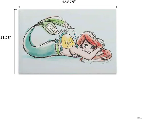Vista 6 de Open Road Brands Disney - Lienzo decorativo de pared con diseño de Ariel y Flounder de La Sirenita en acuarela - Hermoso arte de pared de Ariel