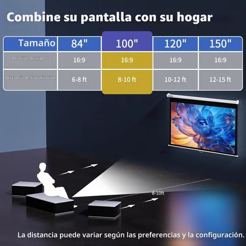 Vista 4 de WASJOYE 100'' Pantalla de Proyector Manual Plegable - Pantalla de Proyección Retráctil 4K HD con Bloqueo Automático - Pantalla de Proyector 16:9