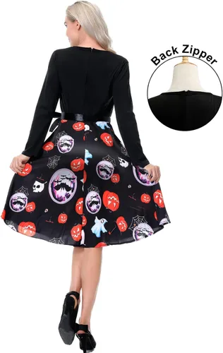Vista 4 de Vestidos de Halloween para mujer de manga larga vestido de cóctel swing esqueleto calabaza impreso fiesta de disfraces disfraz para fiesta