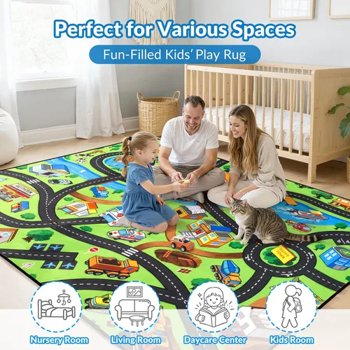 Vista 6 de Alfombra de carretera para niños de 3 x 5 pies, alfombra de juego de coche de ciudad costera para autos de juguete, alfombra educativa de mapa