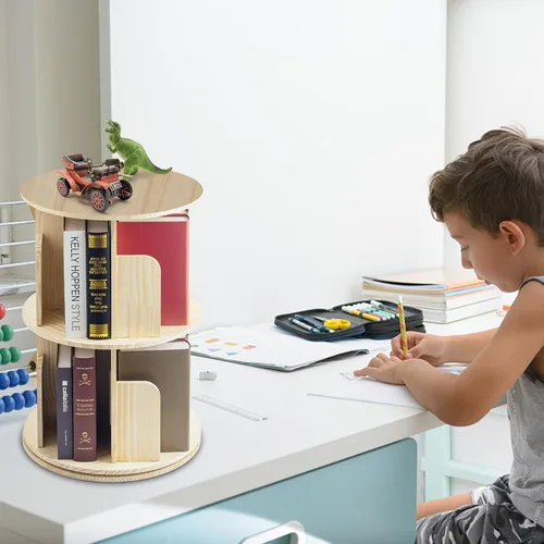 Vista 7 de Estantería giratoria, estantería giratoria de 4 niveles, estantería de madera, estantería de pie con pantalla de 360 grados para niños y adultos
