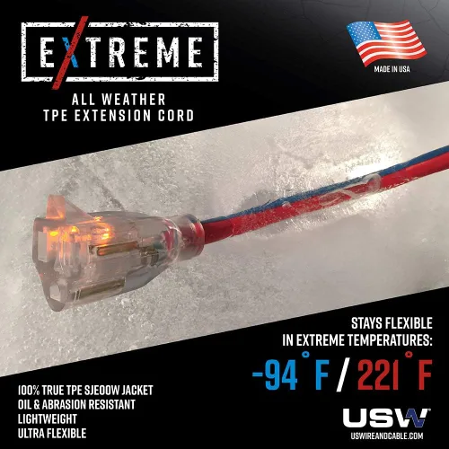 Vista 3 de US Wire 99025 12/3 25 pies SJEOW TPE Cable de extensión para clima frío azul con enchufe iluminado