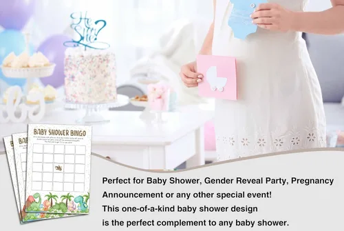 Vista 4 de Juegos de baby shower para niños y niñas, juego de bingo de dinosaurio para baby shower, decoración de fiestas de revelación de género, tarjetas