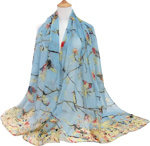 Vista 6 de GERINLY - Bufanda ligera rectangular con estampado de pájaros de primavera