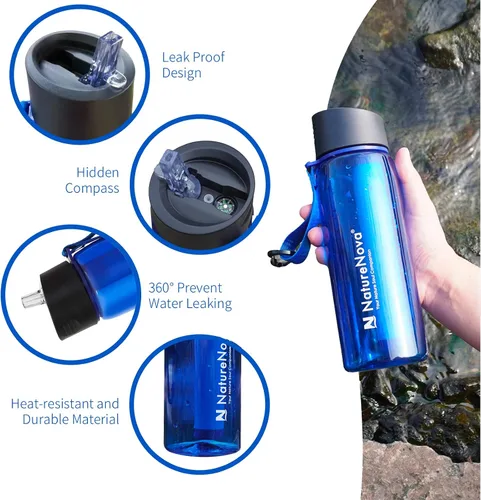 Vista 5 de Botella con filtro de agua con filtro integrado de 4 etapas, sin BPA para camping, senderismo, mochileros, emergencia y viajes, color negro, 22.0 fl