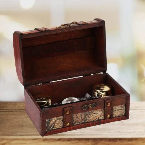 Vista 4 de Cofre del tesoro pirata caja de madera decorativa hecha a mano caja de almacenamiento de joyas para decoración del hogar Mapa