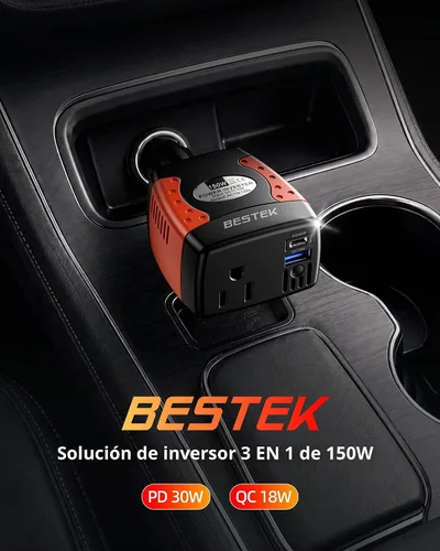 Vista 2 de BESTEK Inversor de corriente de 150 W, convertidor de voltaje de 12 V a 110 V, cargador de coche, adaptador de corriente con puertos de carga USB