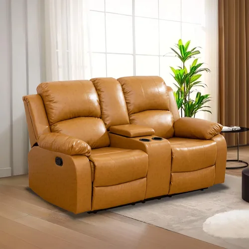 Vista 50 de Juego de Muebles para Sala de Estar, Juego de Sofá Reclinable Manual, Juegos de Sofás Reclinables de Cuero Beige con Mesa Desplegable, Sofá