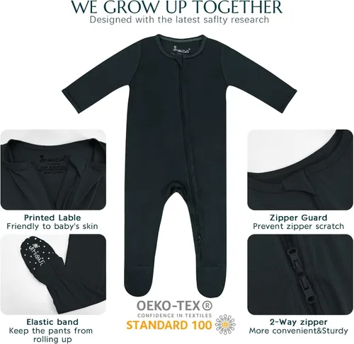 Vista 26 de Jimonda Pijama de bambú para bebé, unisex, para niños y niñas, de una pieza, manga larga, cierre de cremallera de 2 vías, mameluco
