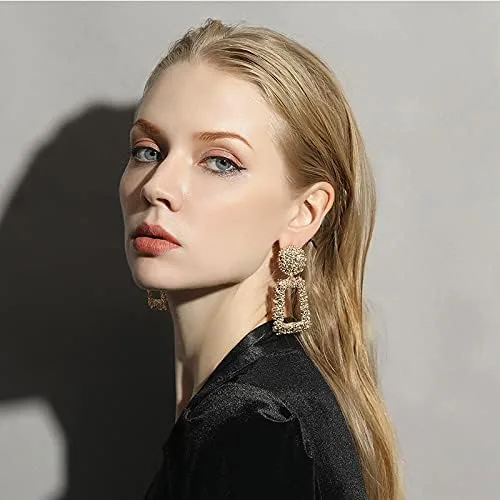 Vista 5 de Pendientes colgantes geométricos rectangulares dorados para mujer, aretes colgantes de metal grande para adolescentes y niñas (rosa), Cobre, otro