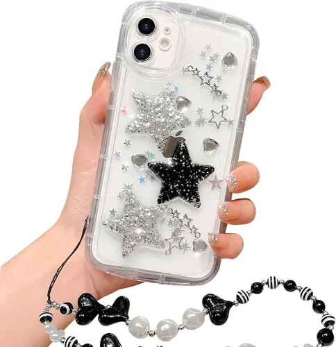 Vista 8 de Compatible con iPhone 11 Pro Funda Transparente Bonita con Diseño de Estrella con Purpurina en 3D con Perlas y Pulsera de Perlas, Diseño de Cadena