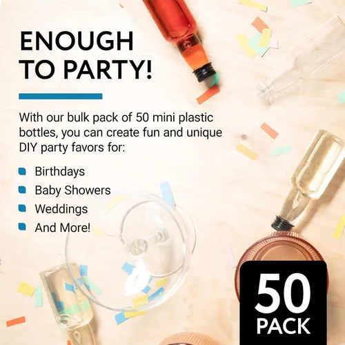 Vista 7 de IMPRESA Mini botellas de plástico de 2.5 onzas líquidas, transparentes, paquete de 50 recipientes de licor con tapas herméticas, reutilizables