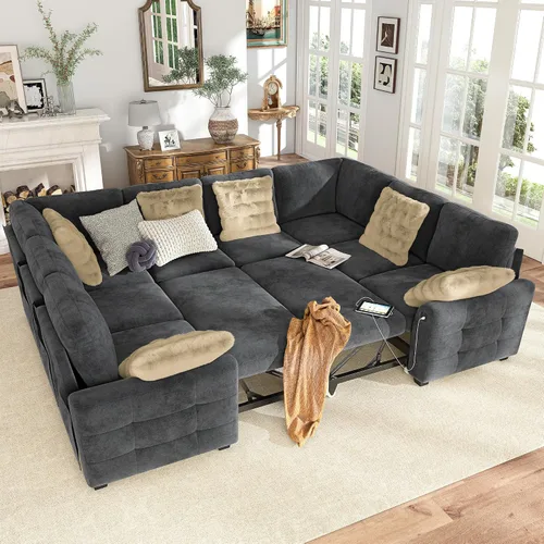 Vista 31 de Hanherry - Sofá seccional con sofá cama extraíble, sofá cama de chenilla con 2 asientos de almacenamiento y carga USB, cómodos sofás modulares