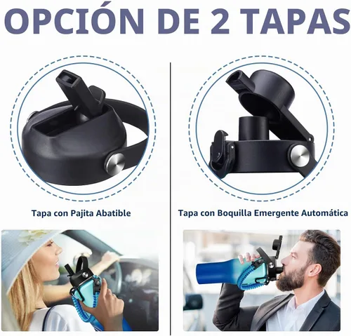 Vista 4 de Botella de agua aislada de 32 onzas con pajilla, mantiene el frío 48 horas o el calor 24 horas, termo de acero inoxidable al vacío con mango de Azul