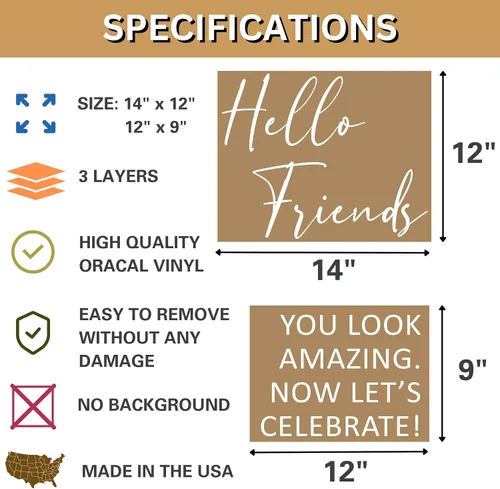 Vista 7 de Aldera Graphics Calcomanía de espejo para selfie para boda, diseño de Hello Friends Now Let's Celebrate - Vinilo negro rectangular para boda