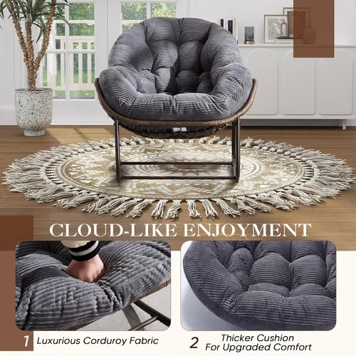 Vista 7 de Mecedora de gran tamaño para interiores, cómoda silla mecedora de pana con cojín grueso y marco, silla mecedora grande de mimbre para sala de estar