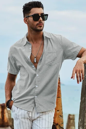 Vista 88 de JMIERR Camisas de vestir a rayas con botones y manga corta para hombre