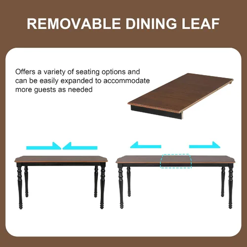 Vista 8 de Juego de mesa retro de comedor de cocina de 7 piezas, mesa extensible de madera maciza de 60 a 78 pulgadas con hojas extraíbles y 6 sillas