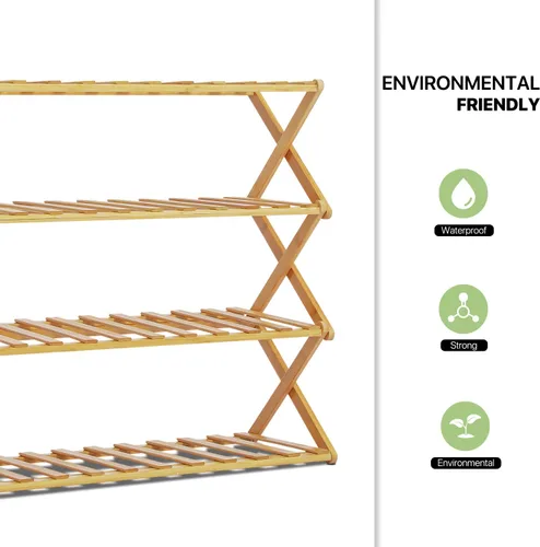 Vista 9 de Magshion Estante organizador de zapatos plegable de bambú de 4 niveles, 16 pares, estante de zapatos de pie, estante ajustable para almacenamiento