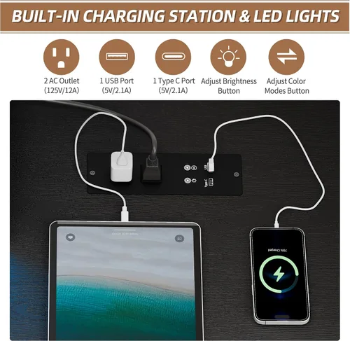 Vista 6 de FREDEES Escritorio en forma de L con soporte móvil y luces LED, escritorio de 59 pulgadas estilo granja para oficina en casa con cajón para Negro