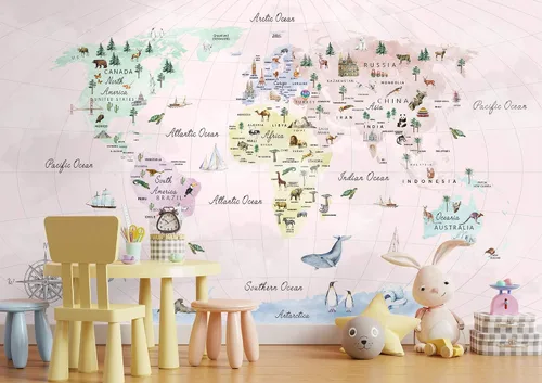 Vista 4 de Murwall Papel pintado para niños con mapa del mundo educativo para niños